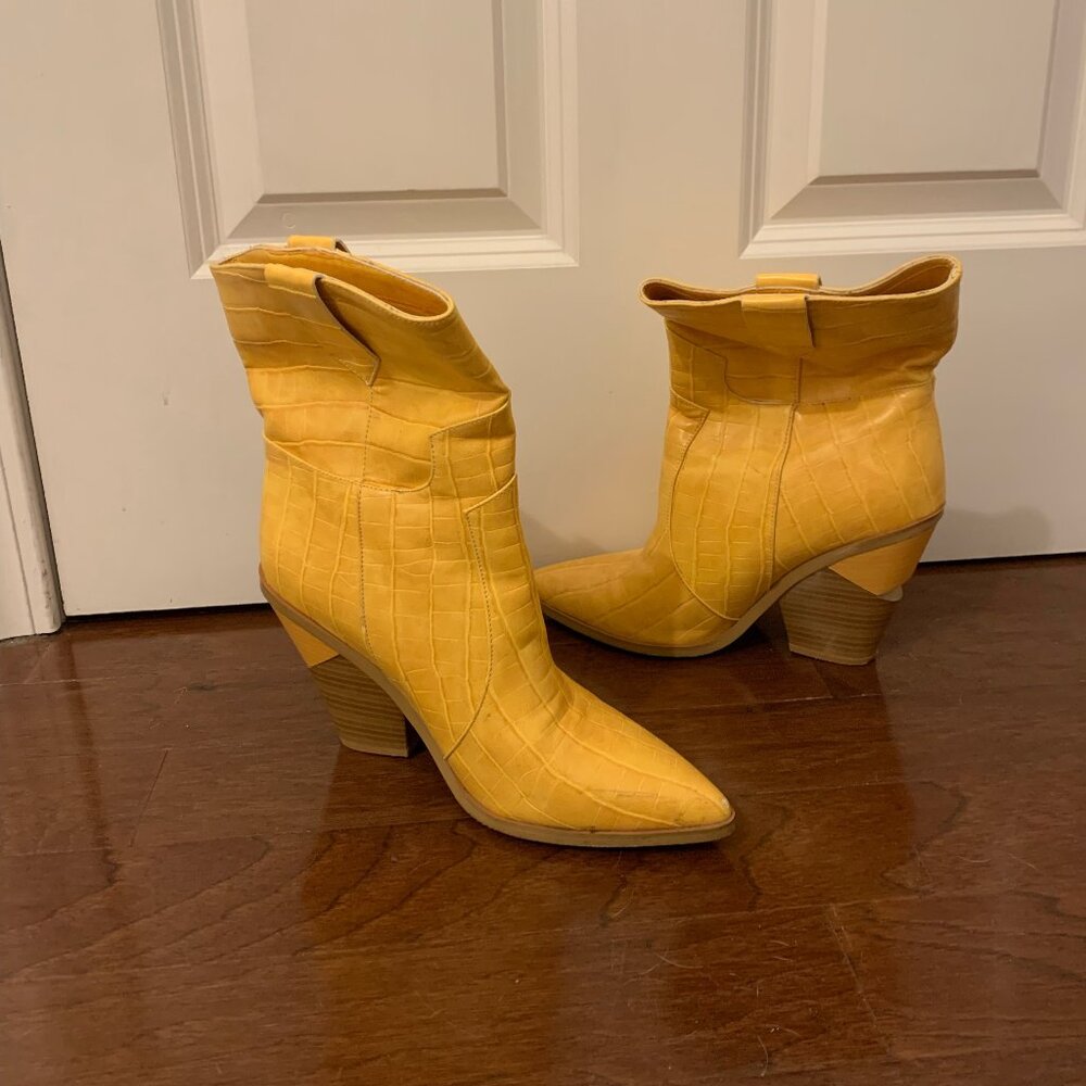 Yellow Croc-Embossed Ankle Boots